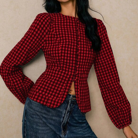 Red Casual Women's Plaid Long Sleeve Work Shirt - Picture 3 of 7